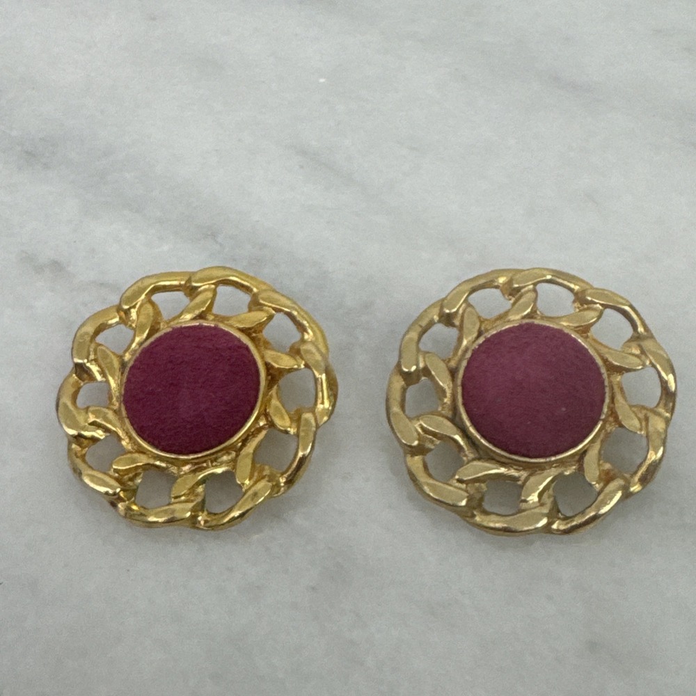 Vintage Gold Tone Earrings with Red Velvet Center